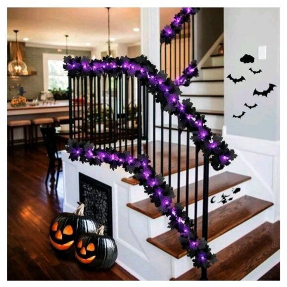 2 Pcs Lighted Black Leaf Garland Halloween Fall Leaf Garland with Light Ghosts - Picture 3 of 3
